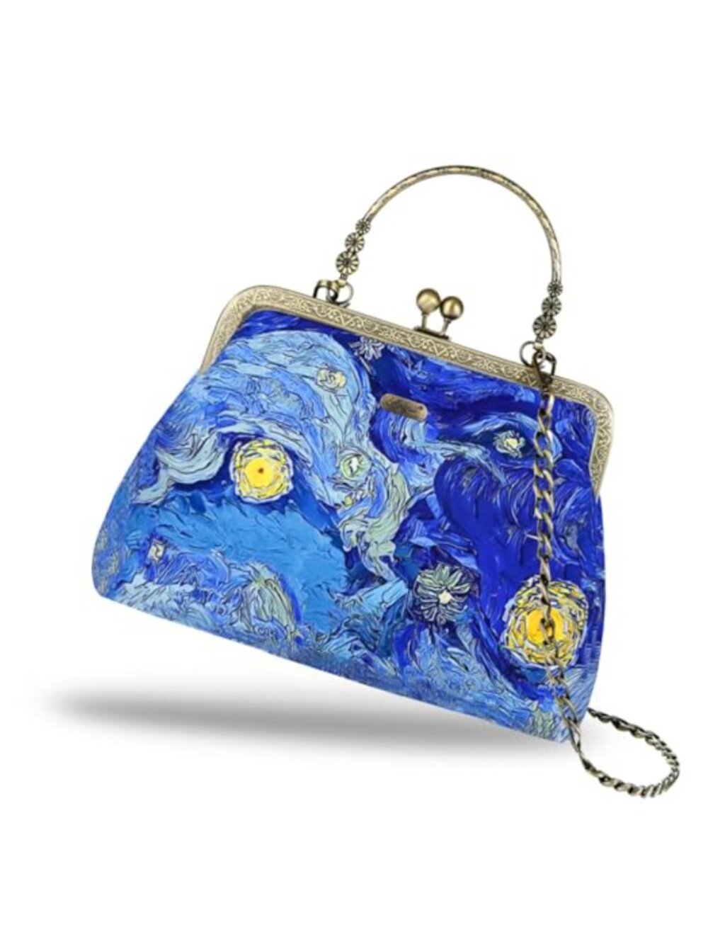 Vintage Kiss Lock Clutch Evening Bag Floral Canvas Chain Strap